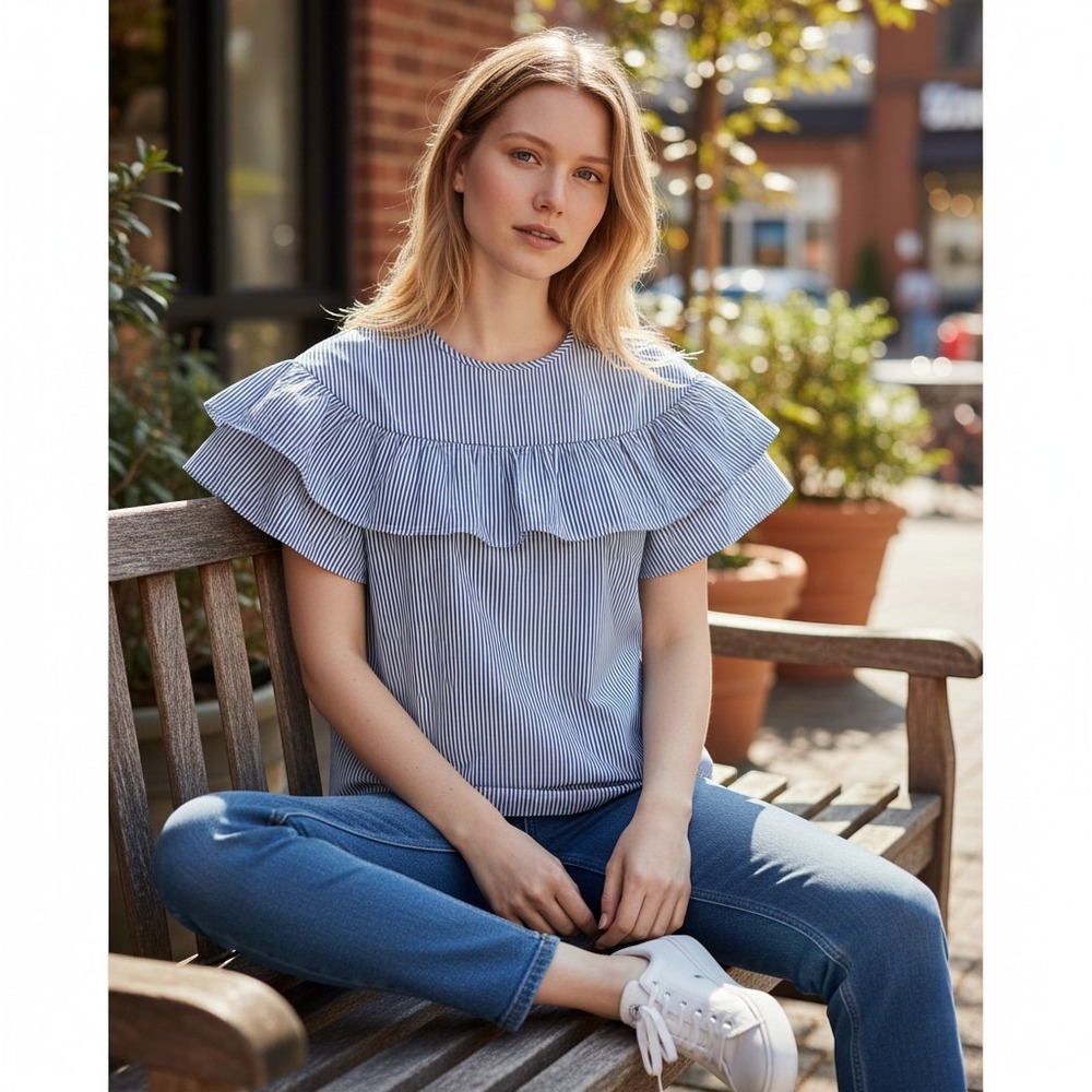 J.Crew Edie Top Womens Sz 2 Blue White Striped Ruffle Top Short Sleeve Peplum